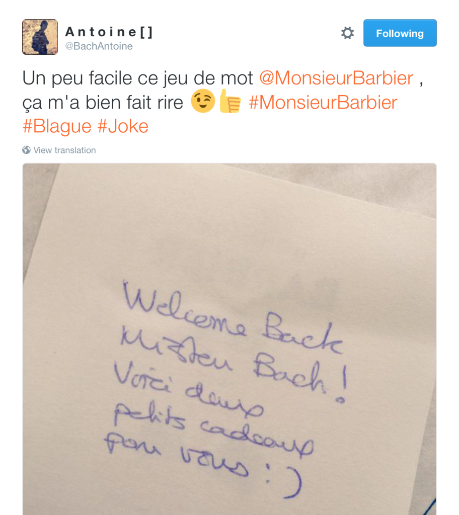 Tweet de l'époque d'Antoine B. vers Monsieur Barbier